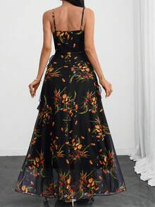 Women's Romantic Elegant Black Floral Print V-Neck Layered Ruffle Hem Mesh Maxi Dress - Multicolor - View 3