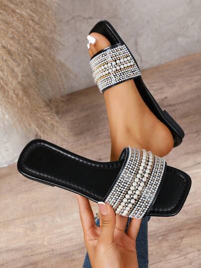 2025新款平底拖鞋/纯色，平底设计，亮面鞋面，优雅水钻装饰，方便穿脱，易于清洁，优雅精致，时尚百搭，适合日常穿着、购物、约会、度假、旅行