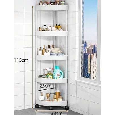 5/4/3层旋转浴室置物架，带轮子和三角形底座，塑料材质，适用于角落、厨房、客厅、浴室、酒店、阳台、走廊和玄关，易于移动和拆卸，是理想的浴室礼品。