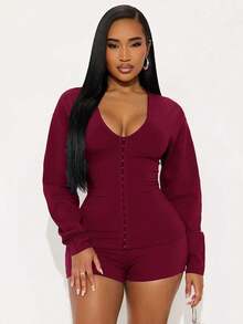 Women's Two-Piece Set Simple Solid Color Elegant Casual Low Crew Neck Cardigan Hidden Button Waist Cinching Long-Sleeved Top Slim-Fitting Sexy Short Pants Set - Màu Đỏ Sâu - Xem 3