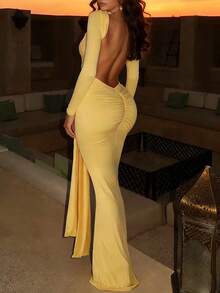 Women's Sexy Backless Bodycon Party Dress, Long Sleeve, Suitable For Parties, Birthdays, All Seasons - Pale Yellow - View 10