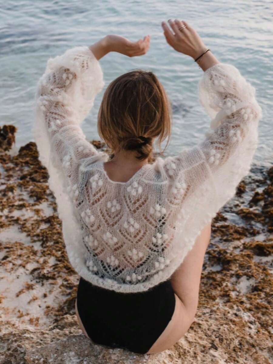 Spring/Summer New Loose Knit Cardigan, V-Neck Hollow Out Design, Casual Vacation Party Mohair Sweater For Women - White - View 1