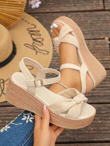 1 Pair Thick Sole Platform Sandals Suitable For Teenagers In Summer, Fashionable Slip-On Chunky Heel Lightweight Comfortable Minimalist Open Toe Platform Sandals, Suitable For Daily Outings, Vacation, Casual, Beach Wear - Apricot - View 1
