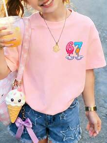 Girls "67" Ice Cream Cartoon Print T-Shirt, Fashionable Summer Top For Girls - Pink - View 3