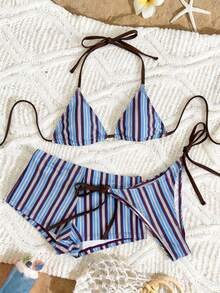 Bộ bikini 3 món dành cho nữ, họa tiết sọc phối màu mới, kiểu buộc dây phía trước, màu xanh nâu trắng, áo tắm hở lưng buộc dây kèm quần short đi biển dễ thương, thích hợp cho mùa xuân/hè đi biển, tiệc bể bơi, lễ tốt nghiệp, sinh nhật, khiêu vũ. - Nhiều màu - Xem 5
