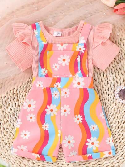 2pcs/Set Baby Girls Soft & Comfortable Casual Elegant Outfit, Cute Versatile Ruffled Knit T-Shirt Paired With Rainbow Floral Print Jumpsuit, Suitable For Toddler Girls, Daily Wear, Vacation, Party, Photo Shoot, Outdoor Activities In Summer