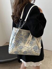 Fashionable Vintage Floral Embroidered Letter Scarf Decor Portable Tote Bag, Polyester Material Single Compartment Tote, Suitable For Women Shopping, Commuting, Travel And Daily Use - White - View 5