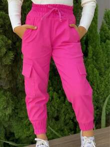 Girls' Denim Jeans With Pockets And Elastic Waistband, Blogger Style, Solid Colors, Back To School, Basic Casual Pink. - 玫紅色 - 查看 1