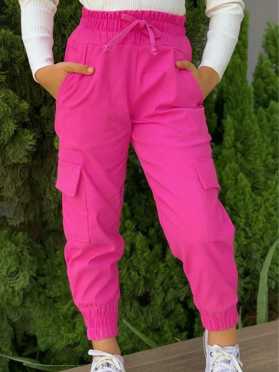 Girls' Denim Jeans With Pockets And Elastic Waistband, Blogger Style, Solid Colors, Back To School, Basic Casual Pink. - 玫紅色 - 查看 1