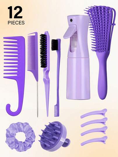 Set de 12 piezas de cepillos de pulpo de moda para uso en seco y húmedo, que incluye peine de cola, peine de cola de rata, peine lateral, cepillo de pelo, pinzas para el cabello, ligas para el cabello, peine de dientes anchos, (6.8oz/200ml) Botella de rocío de viaje multifunción de alta presión y humectación continua, adecuada para el hogar y viajes al aire libre, mejor regalo personalizado para fiestas, pinzas para el cabello, set de peinado, accesorios de belleza para el cabello