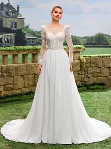 Round Neck Long Sleeve Premium Faux Pearl Embroidered Lace A-Line Chiffon Train Bridal Wedding Gown, Ethereal Romantic Luxury, For Castle, Hotel Events, Wedding Ceremonies - White - View 5