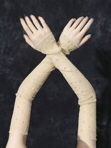 1 đôi găng tay dài lấp lánh trang trí dành cho nữ, thích hợp cho váy dự tiệc. - Màu be-194 - Xem 3