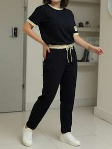 2pcs Women's Summer Set: Round Neck Short Sleeve T-Shirt And Drawstring Waist Straight Leg Pants - Black - View 4