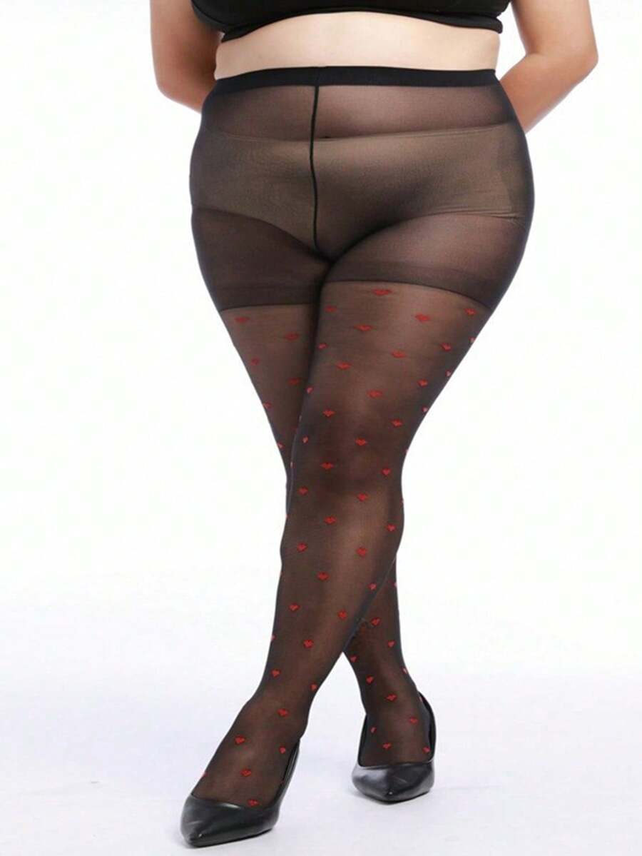 1 par de pantimedia ultra delgadas y cómodas con estampado de corazón para mujer de talla grande, adecuadas para el Día de San Valentín, uso diario y citas - Rojo - Ver 1