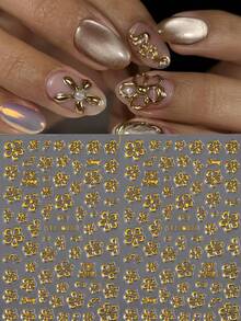 2pcs Gold Flower Pattern Nail Stickers, Holographic Hibiscus Flower 3D Petals & Leaves Sliders For Nail Art DIY, Y2K Style - Gold - View 7