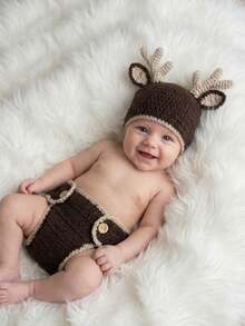 Newborn Baby Lion Photography Props Outfit, Handmade Crochet Knit Dog Puppy Bee Fox Animal Costume Set, Infant Boy Girl Photo Shoot Hat & Diaper Cover Suit - Multicolor - View 5