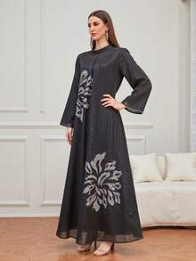Women's Elegant Beaded & Embroidered Long Sleeve Maxi Kaftan Dress, Suitable For Eid Al-Fitr And Eid Al-Adha - Black - View 6
