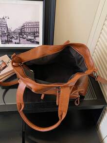 1pc Vintage Large Capacity Handbag, Vintage PU Shoulder Messenger Bag, Women Casual Tote Bag And Wallet - Brown - View 4