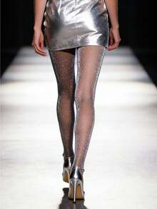 1 Pair Women's Flashing Silver Onion Pattern Silk Stockings, Starry Sky Fine Glittering, Thin, Anti-Laddering Base, Shiny Silk Black Pantyhose, Sexy Seamless Tights - Black - View 6