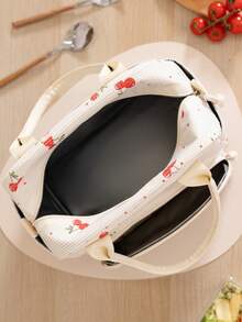 1pc New Cherry Print/Brown Leopard Print Insulated Lunch Bag With Shoulder Strap, Japanese Style Handbag, Bento Bag With Pocket - Multicolor - View 9