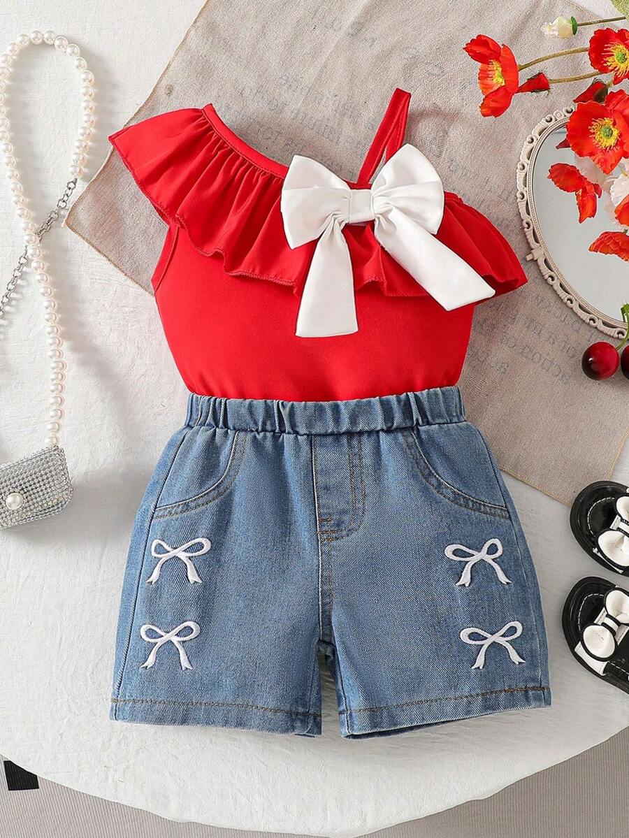 Baby Girls' Fashion Casual Cute Set, Ruffled One Shoulder Strap Top + Butterfly Embroidered Denim Shorts - Red - View 1