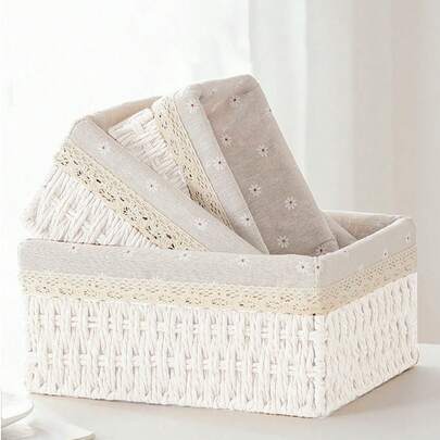 1pc/3pcs Handmade Woven Storage Basket With/Without Lid, Multi-Functional Desktop Organizer, Decorative Desk Tidy For Snacks, Toys, Kitchen, Bathroom, Bedroom, Home Organization, Stylish Wicker Basket, Modern Container For Office, Living Room, Closet Storage Solution