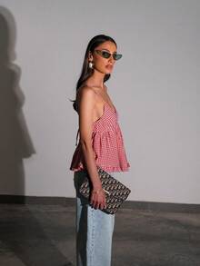 Women's Spaghetti Strap Gingham Ruffled Peplum Top - Perfect For Spring Summer Casual Outfits - Red - View 5