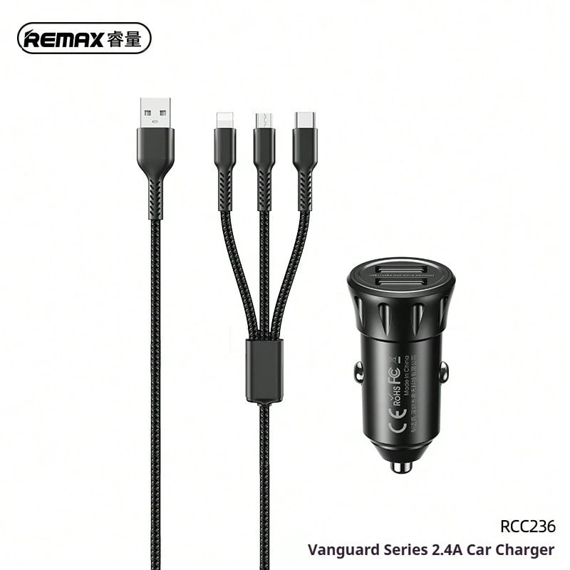 REMAX Pioneer Series 2.4A Car Charger, Dual USB Multi-Functional Car Cigarette Lighter, RCC 236 - Black - View 1