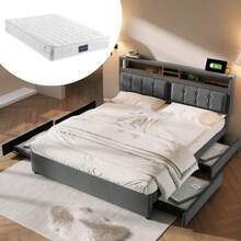 Double Bed With 4 Drawers & USB C Socket, Upholstered Bed 140x200cm, Height-Adjustable Headboard, Wooden Slatted Frame (With Mattress) - Grey - View 3