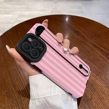 1个简约粉色条纹竖纹皮革质感防震保护手机壳，带腕带，适合作为节日礼物，兼容 Xs/Xs Max/Xr/11/12/13/14/14 Plus/15/15 Plus/16/16 Plus/17/17 Pro Max - 多色 - 查看 5