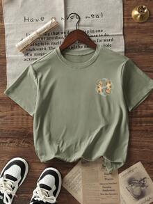 Tween Girls Casual Printed Round Neck Short Sleeve T-Shirt, Summer Top - Olive Green - View 4