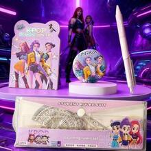 KpopDemonHuntes 组合高价值文具套装，高价值卡通学生文具套装，包括一套尺子（四把带清晰刻度的测量尺）、一枚卡通胸针、一支紫色可伸缩凝胶笔（速干）。 - 彩色 - 查看 1