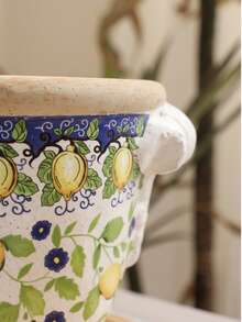 1个手工粗陶复古花盆 | 柠檬和花卉彩绘陶瓷碗，大直径深盆，适合悬挂植物和桌面景观摆放 - 彩色 - 查看 2