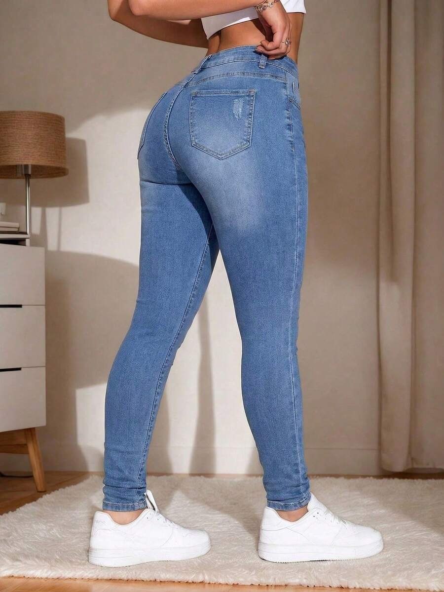 Pantalón Mezclilla Jeans Skinny Strech Tiro Alto Comfort Para Damas Color Azul Talla Grande - Azul cielo - Ver 1