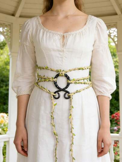 Cinturón delgado con hoja artificial y hebilla, cuerda trenzada vintage para la cintura, cadena de cuerda bohemia, cinturón ajustable de cáñamo para vestido, accesorios renacentistas, medievales y vikingos, otros de cuero natural PU medieval para todas las estaciones