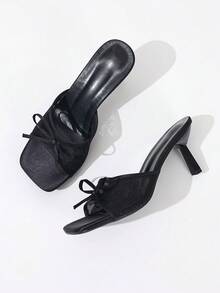 Women's Square Toe Mesh Breathable Open Toe High Heel Sandals, Versatile Minimalist Bowknot Stiletto Slide Sandals, New Summer Style - Black Square-head Double Mesh - View 3