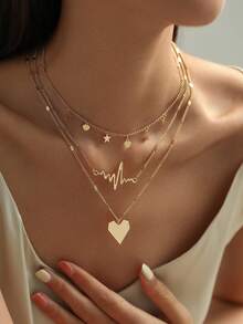 3件套情人节心形、星形、心电图形状吊坠多层项链（扁平包装，数量和间距随机） - 金黃色 - 查看 2