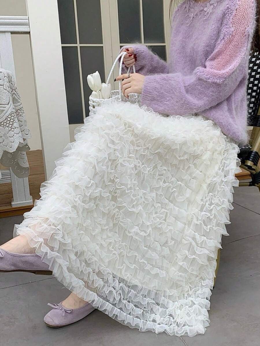 2-26 Women's Multilayer Tulle Mesh Skirt, High Waist Flared A-Line Skirt, Spring/Summer