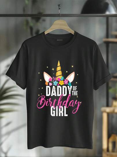 100% Cotton Daddy Of The Birthday Girl Father Gift Unicorn Birthday T-Shirt Women's Men's Graphic Tee Crew Neck Classic Fashion Summer Vacation Tops