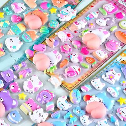 1张3D动物减压贴纸，可爱卡通风格装饰贴纸，4种款式可选，适用于贴纸簿、笔记本电脑、冰箱，也可用于DIY卡通手机壳装饰。适合生日、派对等场合，也可作为礼物赠送给朋友或家人。