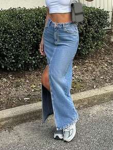 New Summer Elegant, Casual, Commute Versatile High Waist Slit Minimalist Daily Wear Women Denim Skirt - Light Wash - View 6