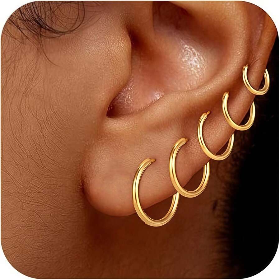 Bộ 5 khuyên tai tròn mạ vàng/bạc dành cho nữ - Bộ khuyên tai tròn mạ vàng 18K. Khuyên tai tròn nhỏ, nhẹ, tối giản, không gây dị ứng, mỏng và nhẹ. Thời trang và thanh lịch, món quà trang sức tinh tế dành cho phụ nữ (5 chiếc/6mm-8mm-10mm-12mm-14mm) - Nhiều màu - Xem 1