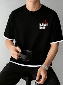 Men's Summer Fashion Versatile Street Letter Print Contrast Trim 2 In 1 Short Sleeve T-Shirt - Black - View 2