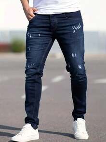Men's Stretch Ripped Jeans Dark Blue - Slim Straight Comfort Denim Pants | Distressed Streetwear For Urban Fashion | All Year Round Casual Wear - Rửa tối - Xem 8