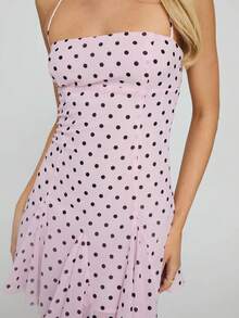 Women Summer Halter Neck Ruffle Mini Dress Dot Print Sleeveless Backless Bodycon Party Cocktail Short Dresses - Purple - View 4