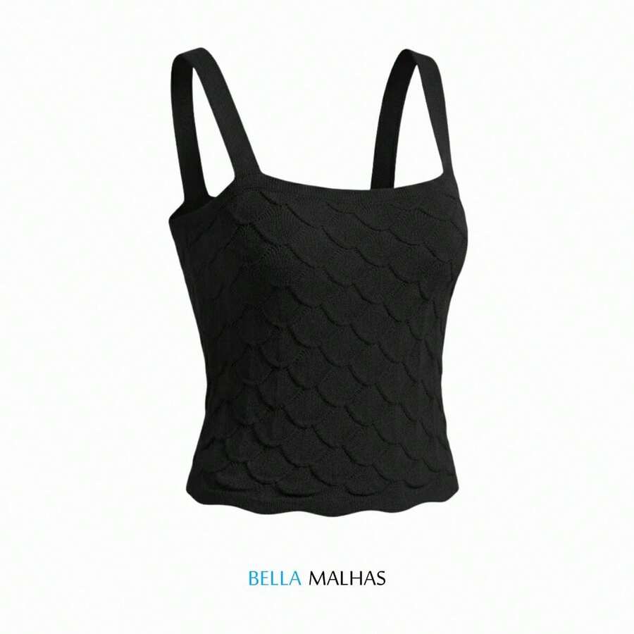 Women's Cropped Tank Top In Textured Modal Fabric With Scale Pattern - Comfortable, Stylish Casual Fashion - Negro - Ver 1