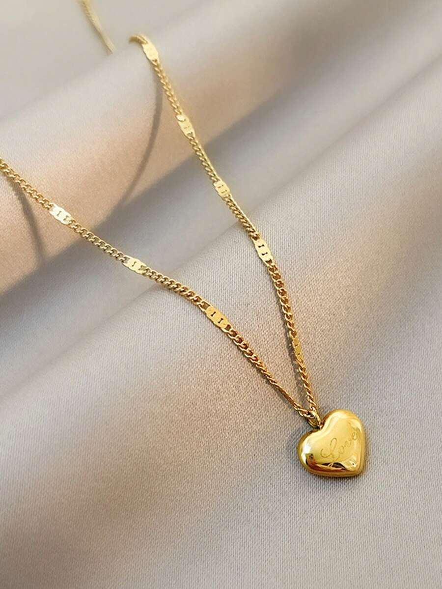 1pc Love Heart Pendant Necklace, New Minimalist Titanium Steel Clavicle Chain Necklace, Lightweight Luxurious Necklace Jewelry, Valentine's Day Gift - Gold - View 1