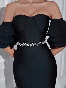 1pc Elegant Silver Flower Handmade Pearl Bridal Sash, Organza Ribbon Waist Belt Suitable For Women's Evening Gown, Wedding Dress, European And American Fashion Waist Cincher