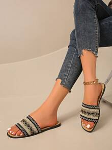 NANBEI ZUO Women's Flat Square Toe Woven Strap Black House Slippers, Simple Indoor Versatile Lightweight Casual Sandals, All-Match Household Slipper - Black - View 3