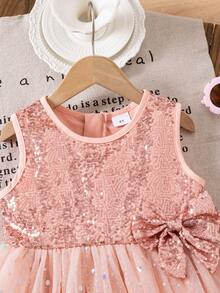 Girls Summer Fashion Glamorous Sequin Patchwork Sequins Tulle Tutu Dress Cute Bow Sweet Round Neck Sleeveless Party Dress - Coral Pink - View 5